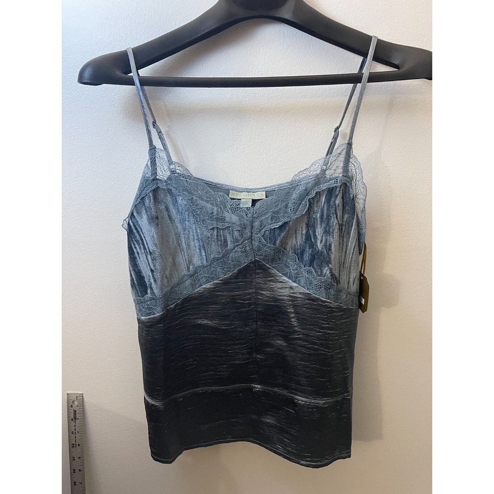 Ryegrass Women Blue Metallic Crinkle Lace Trim Camisole Top Large
